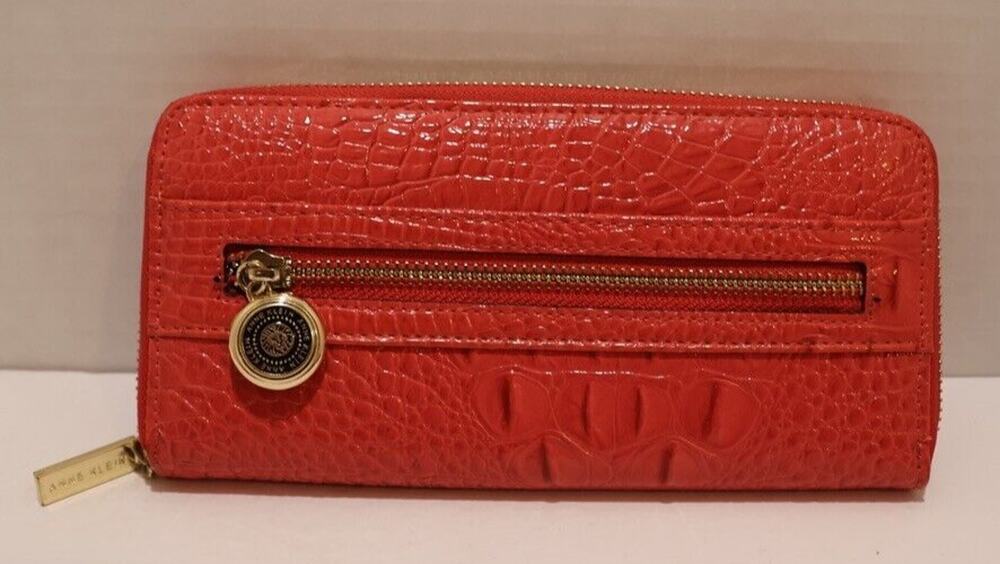 Anne Klein Wallet Womens Coral Peach Pebbled Zip Around Credit Card